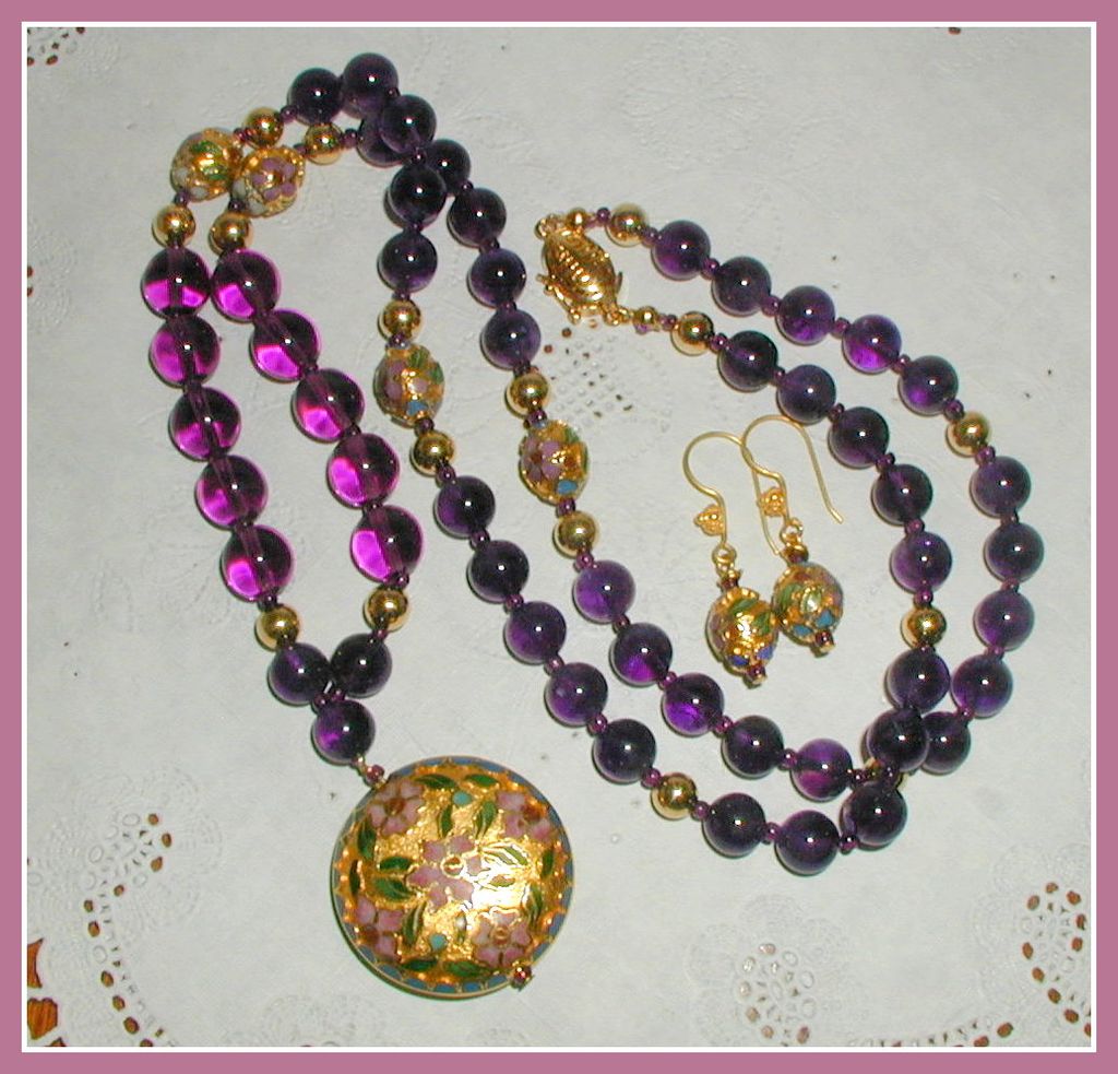 Amethyst and Cloisonne Necklace and Earrings Amethyst and Cloisonne Necklace and Earrings