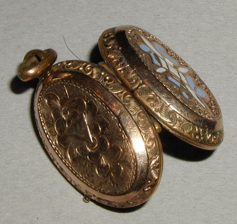 Victorian Gold Filled Locket with Floral Engraving and Blue and White Enamel Victorian Gold Filled Locket with Floral Engraving and Blue and White Enamel