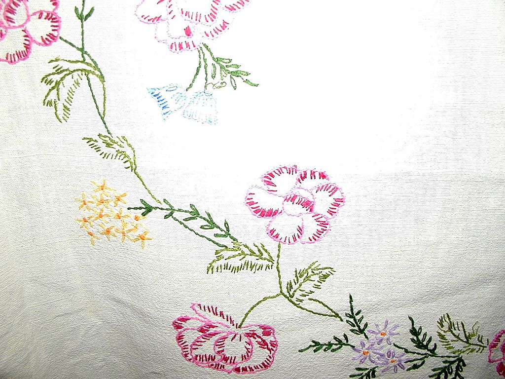 Hand Embroidered Vintage Tablecloth with Fringe - 64" x 58" Hand Embroidered Vintage Tablecloth with Fringe - 64" x 58"