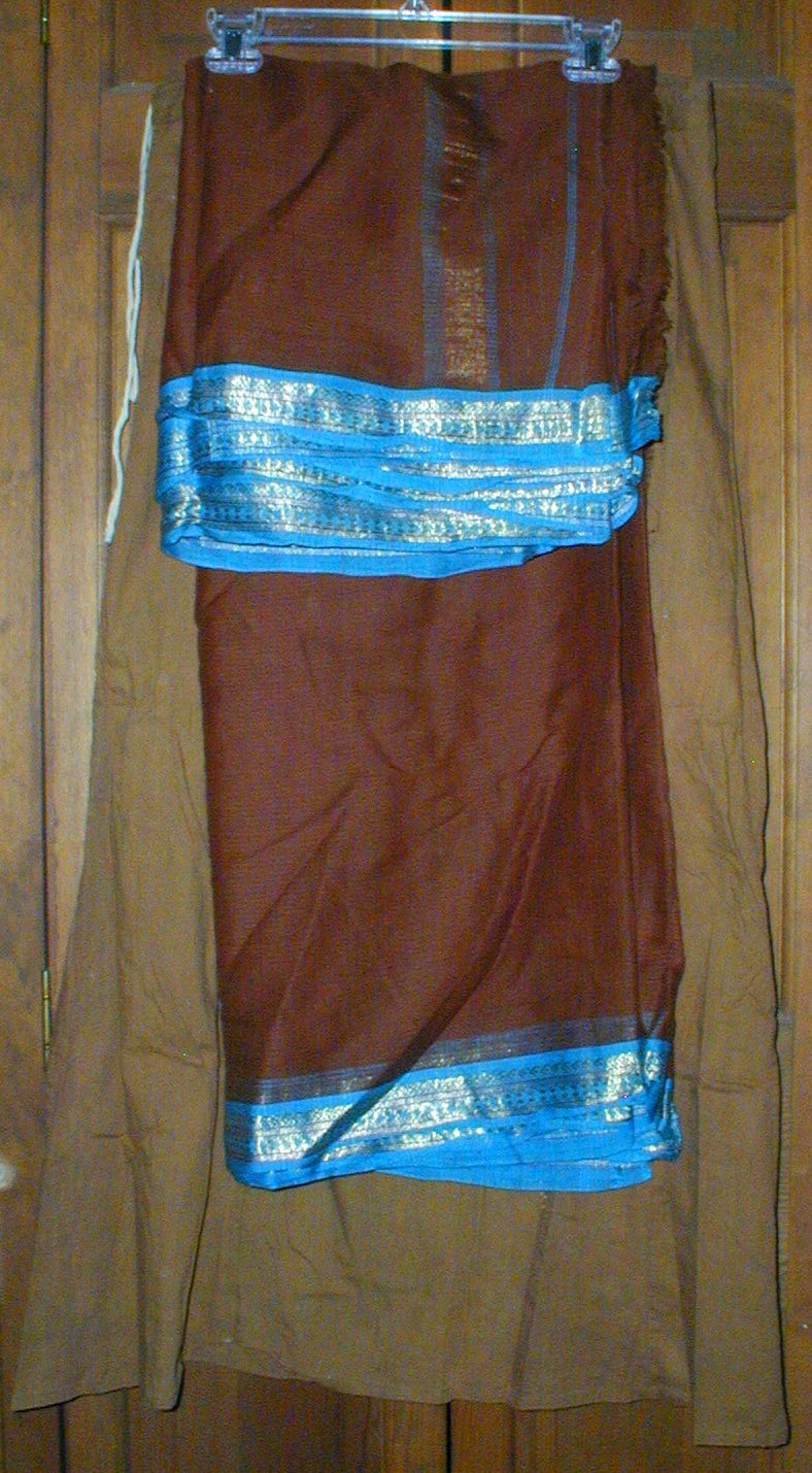Brown Cotton Sari with Elegant Border in Turquoise Blue, Metallic Gold and Purple Brown Cotton Sari with Elegant Border in Turquoise Blue, Metallic Gold and Purple