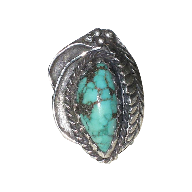 Vintage Signed Squash Blossom & Turquoise Native American Ring Vintage Signed Squash Blossom & Turquoise Native American Ring