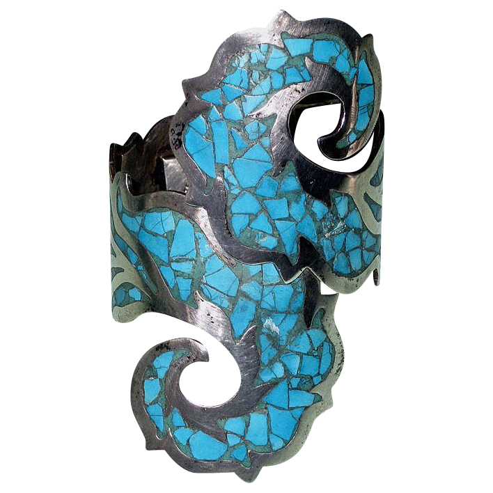 Vintage Taxco Mexico Sterling Silver and Turquoise Bypass Clamper Bracelet Vintage Taxco Mexico Sterling Silver and Turquoise Bypass Clamper Bracelet