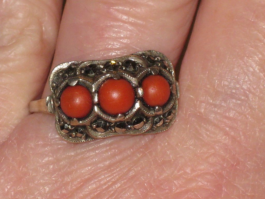 Vintage Art Deco 835 English Silver, Natural Coral & Marcasite Ring size 10 1/4 Vintage Art Deco 835 English Silver, Natural Coral & Marcasite Ring size 10 1/4