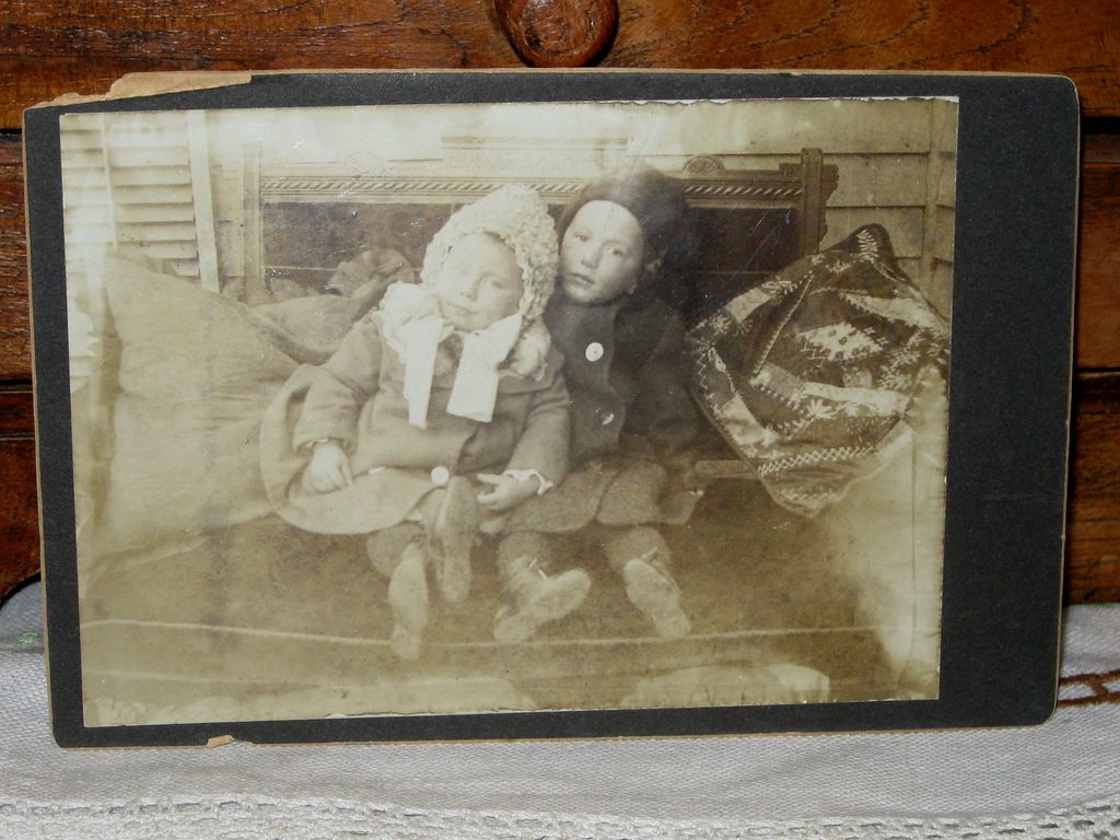 Vintage Cabinet Photograph Twins Children Boy & Girl in Winter Coats, Crazy Quilt Vintage Cabinet Photograph Twins Children Boy & Girl in Winter Coats, Crazy Quilt