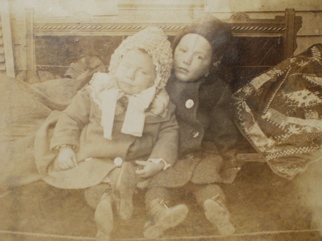 Vintage Cabinet Photograph Twins Children Boy & Girl in Winter Coats, Crazy Quilt Vintage Cabinet Photograph Twins Children Boy & Girl in Winter Coats, Crazy Quilt
