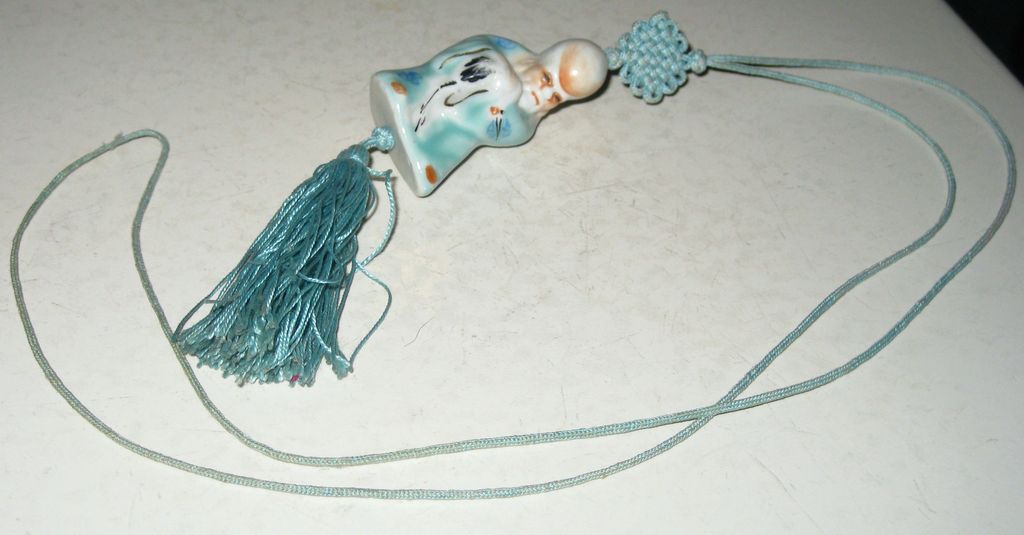 Vintage Porcelain God Netsuke Immortal Figural Necklace with braided Silk and Tassel Vintage Porcelain God Netsuke Immortal Figural Necklace with braided Silk and Tassel