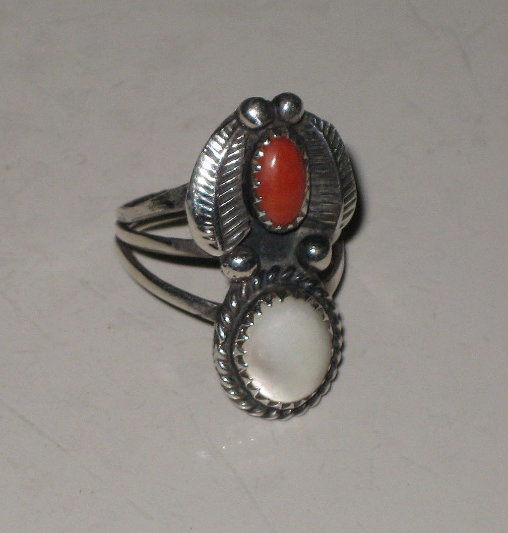 Vintage signed Sam Tully Native American Coral & Mother of Pearl Ring Vintage signed Sam Tully Native American Coral & Mother of Pearl Ring