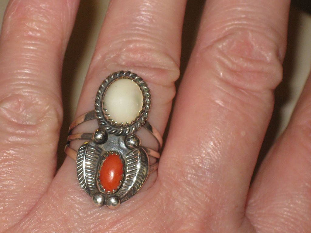 Vintage signed Sam Tully Native American Coral & Mother of Pearl Ring Vintage signed Sam Tully Native American Coral & Mother of Pearl Ring