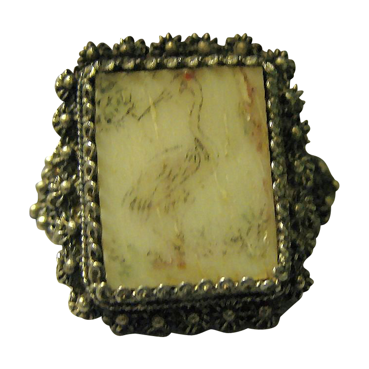 Vintage Silver & Oxbone Chinese Ring Scrimshaw crane Bird Vintage Silver & Oxbone Chinese Ring Scrimshaw crane Bird