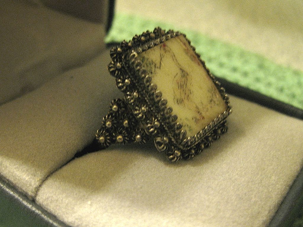Vintage Silver & Oxbone Chinese Ring Scrimshaw crane Bird Vintage Silver & Oxbone Chinese Ring Scrimshaw crane Bird