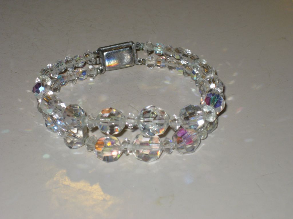 Vintage Austrian Crystal Glass 2 strand Bracelet with Fancy Rhinestone Clasp Vintage Austrian Crystal Glass 2 strand Bracelet with Fancy Rhinestone Clasp