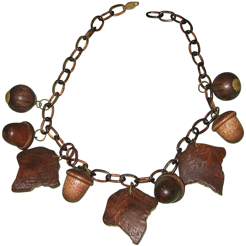 Vintage Carved Wood Leaf & Acorn Celluloid Link Necklace Vintage Carved Wood Leaf & Acorn Celluloid Link Necklace