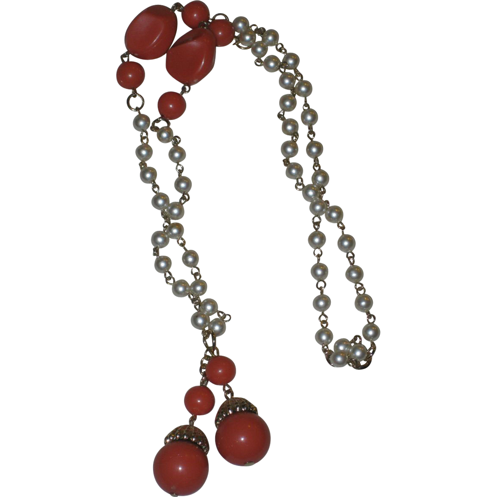 Gorgeous Vintage Coral Bead and Faux Pearl Bead Tassel Necklace Gorgeous Vintage Coral Bead and Faux Pearl Bead Tassel Necklace