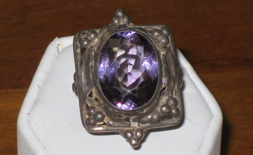 Ornate Vintage Faceted Amethyst Glass & Sterling Silver Ring Ornate Vintage Faceted Amethyst Glass & Sterling Silver Ring