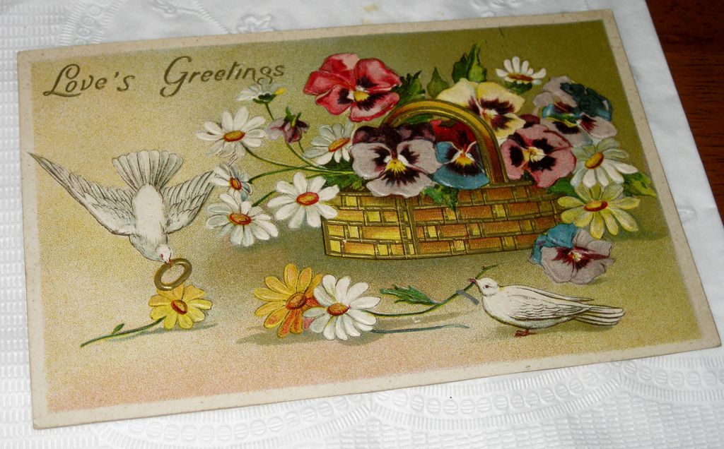 Antique Postcard Love's Greetings Doves Pansies Germany Antique Postcard Love's Greetings Doves Pansies Germany