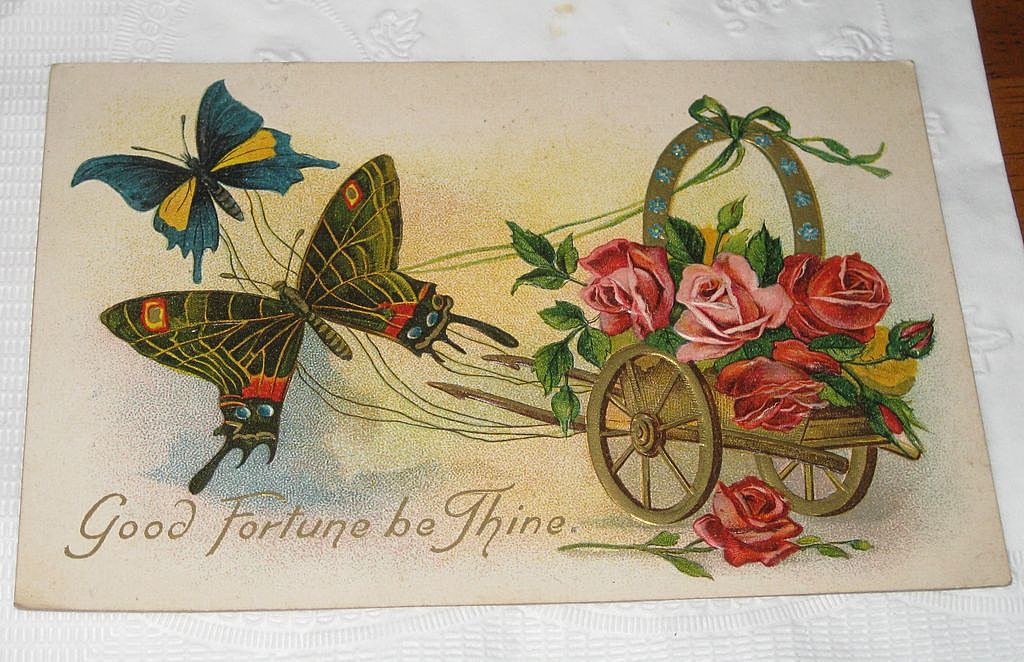 Antique German Postcard 1909 "Good Fortune" Horse Shoe & Butterflies Antique German Postcard 1909 "Good Fortune" Horse Shoe & Butterflies