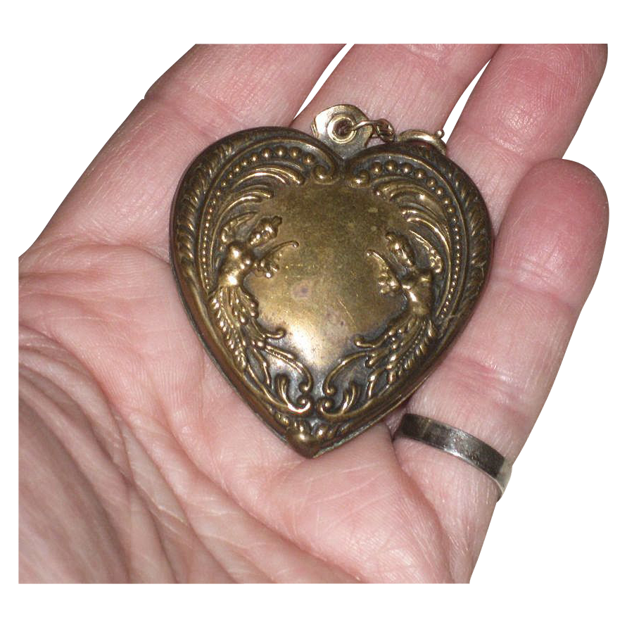 Large Vintage Brass Embossed Heart Charm / Pendant with Genies Large Vintage Brass Embossed Heart Charm / Pendant with Genies