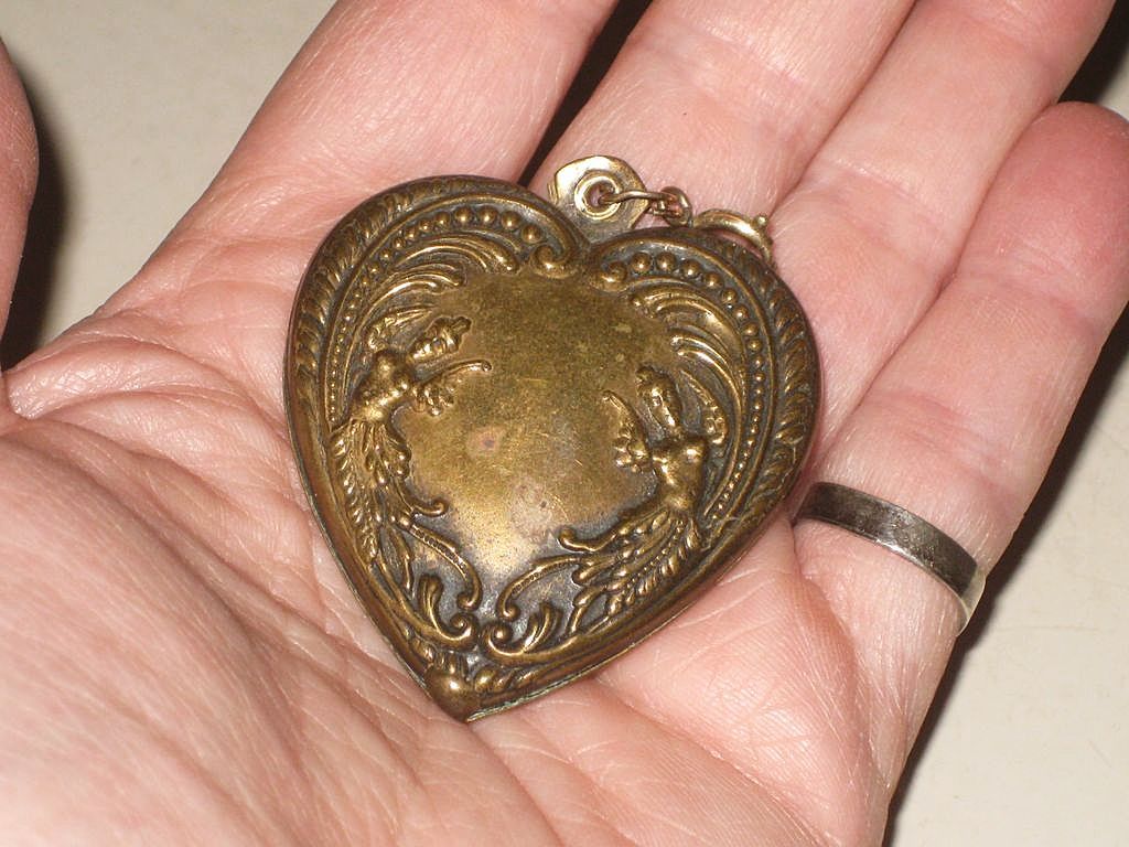 Large Vintage Brass Embossed Heart Charm / Pendant with Genies Large Vintage Brass Embossed Heart Charm / Pendant with Genies