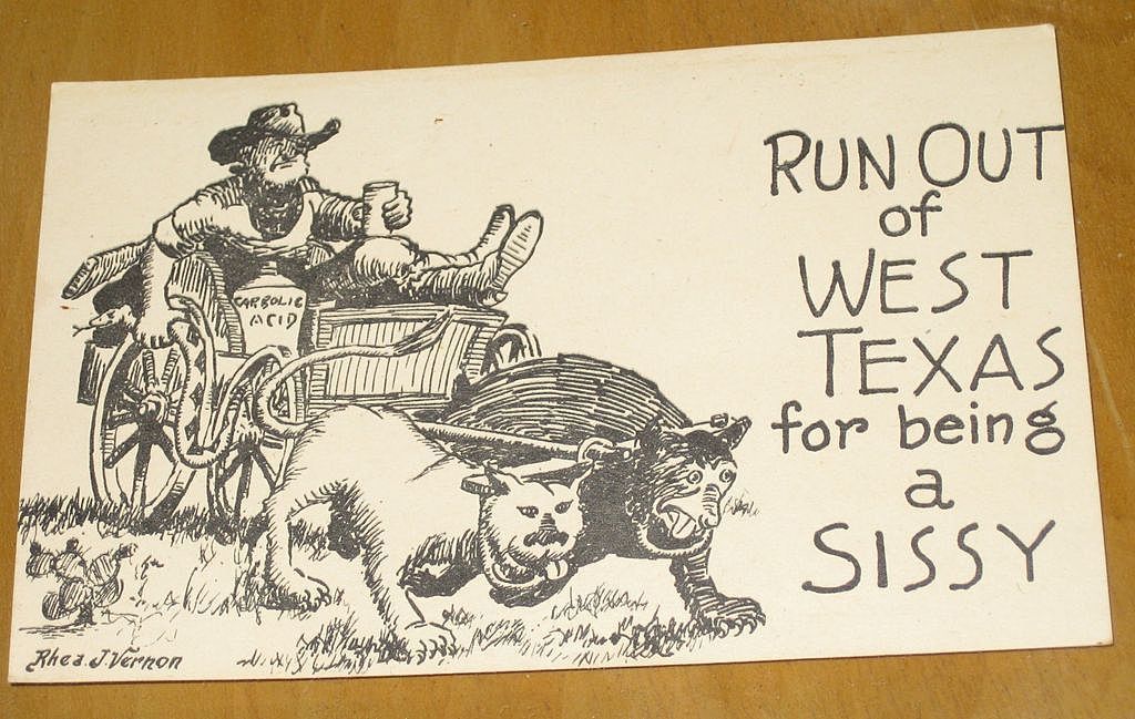 Vintage 1940's "Run Out of Texas" Cartoon Cowboy Postcard signed Rhea J Vernon Vintage 1940's "Run Out of Texas" Cartoon Cowboy Postcard signed Rhea J Vernon