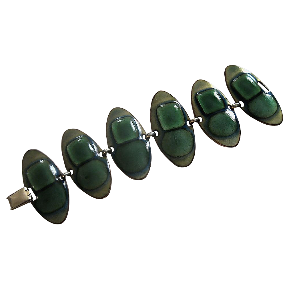 Vintage Modernist Kay Denning Signed Enamel Copper Bracelet Gorgeous Greens Vintage Modernist Kay Denning Signed Enamel Copper Bracelet Gorgeous Greens