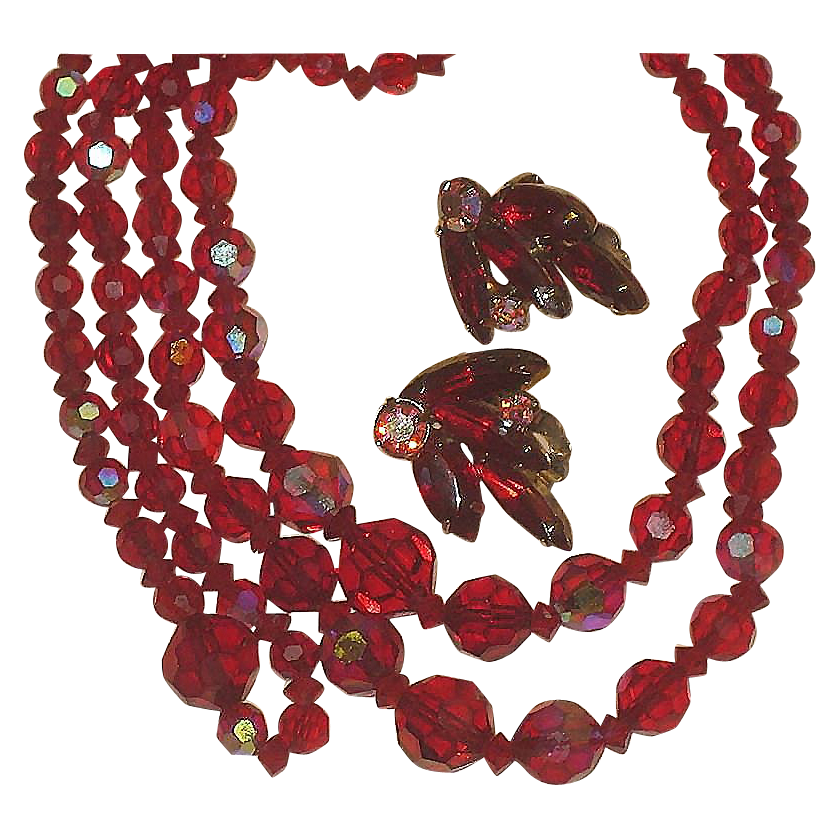 Vintage 2 Strand Aurora Borealis Red Crystal Necklace Earrings Set Vintage 2 Strand Aurora Borealis Red Crystal Necklace Earrings Set