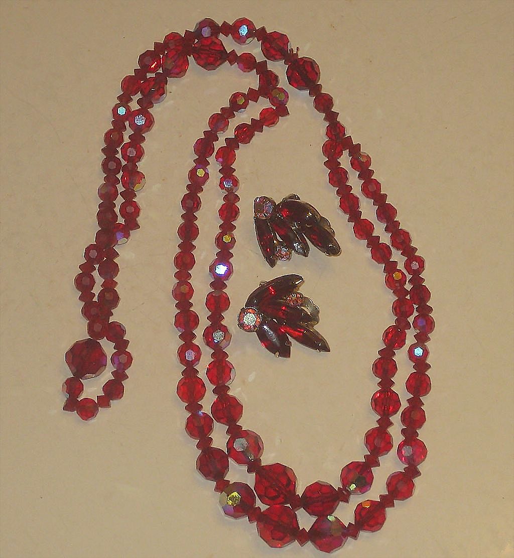 Vintage 2 Strand Aurora Borealis Red Crystal Necklace Earrings Set Vintage 2 Strand Aurora Borealis Red Crystal Necklace Earrings Set