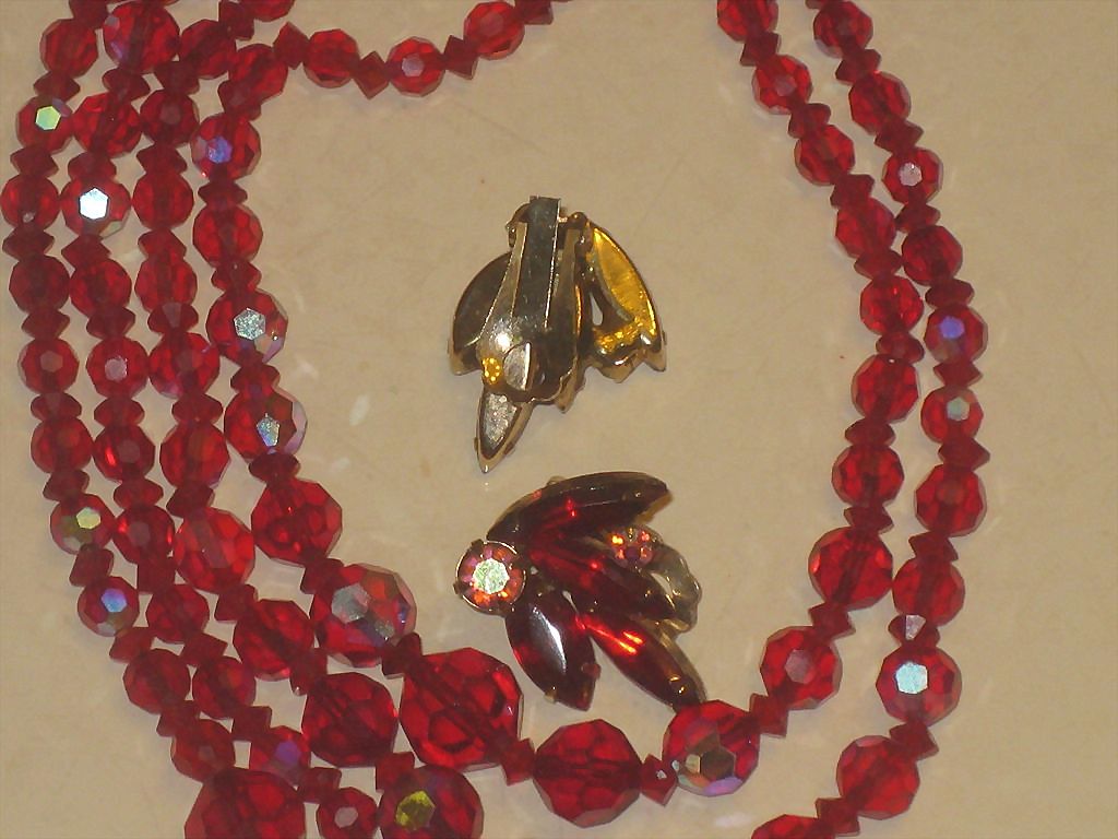 Vintage 2 Strand Aurora Borealis Red Crystal Necklace Earrings Set Vintage 2 Strand Aurora Borealis Red Crystal Necklace Earrings Set