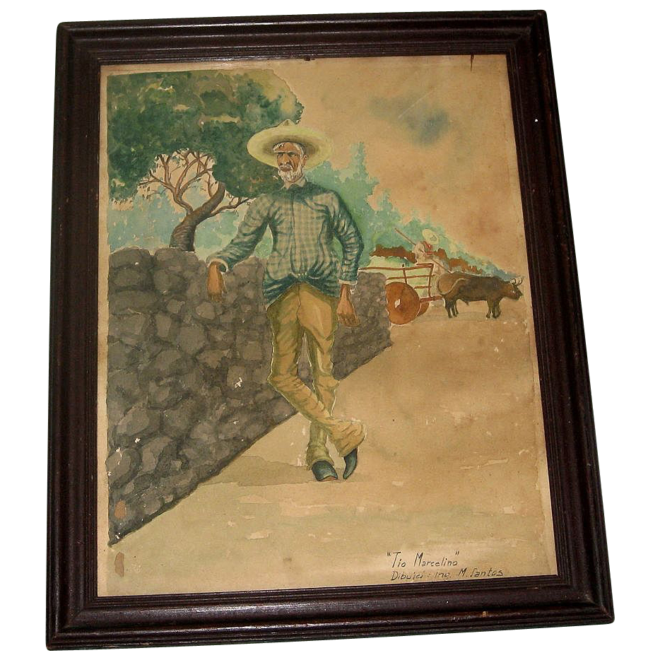 1939 Charming Vintage Watercolor Painting "Tio Marcelino" Mexican Man 1939 Charming Vintage Watercolor Painting "Tio Marcelino" Mexican Man