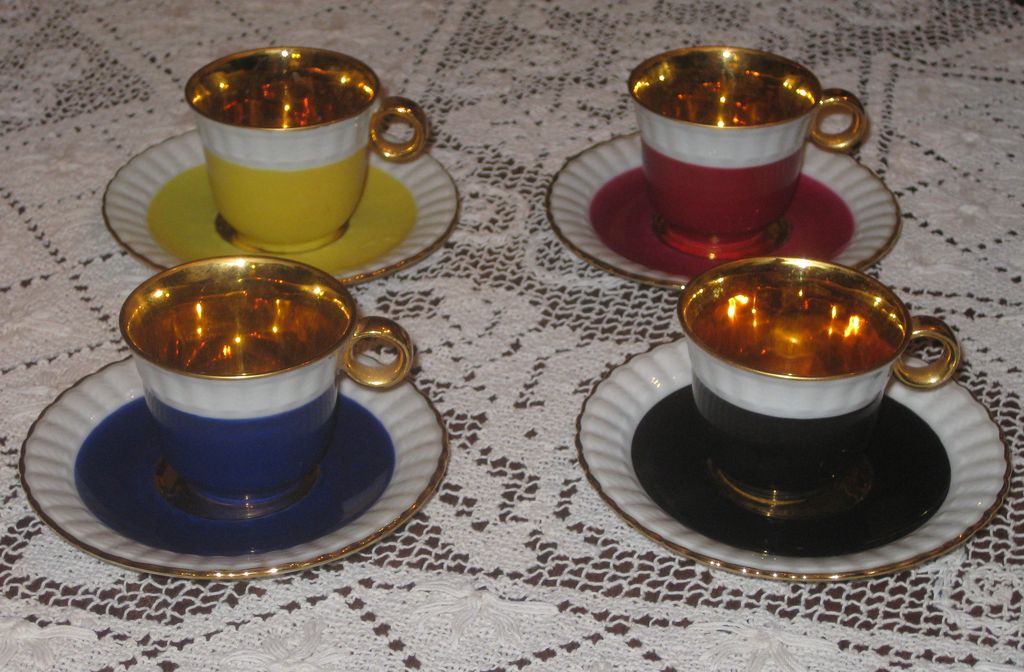 Set of 3 Vintage Limoges Demitasse Cups & Saucers with Gold Gilt Trim Set of 3 Vintage Limoges Demitasse Cups & Saucers with Gold Gilt Trim