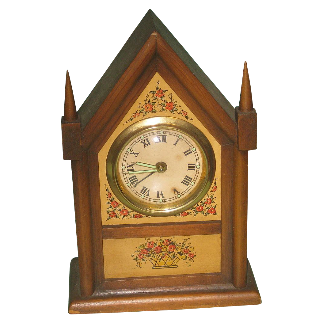 Charming Vintage Small Wooden Steeple Style Mantle Clock Germany Charming Vintage Small Wooden Steeple Style Mantle Clock Germany