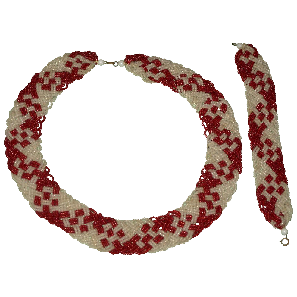 Vintage Milk White & Red Woven Glass Bead Necklace & Bracelet Parure Vintage Milk White & Red Woven Glass Bead Necklace & Bracelet Parure