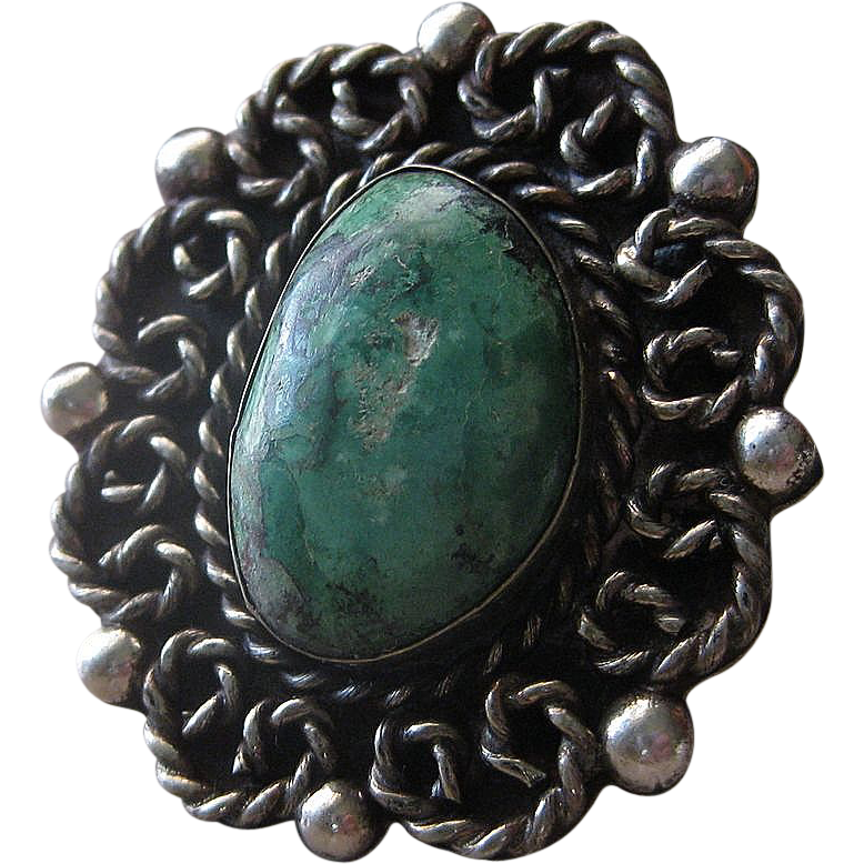 Vintage Ornate Hand Crafted Large Sterling Silver & Turquoise Ring Vintage Ornate Hand Crafted Large Sterling Silver & Turquoise Ring