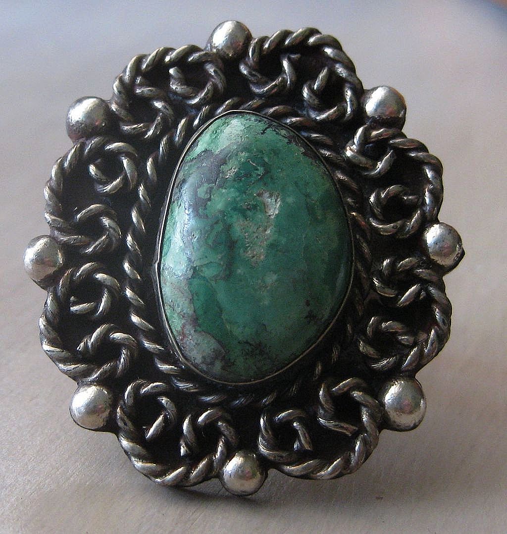 Vintage Ornate Hand Crafted Large Sterling Silver & Turquoise Ring Vintage Ornate Hand Crafted Large Sterling Silver & Turquoise Ring