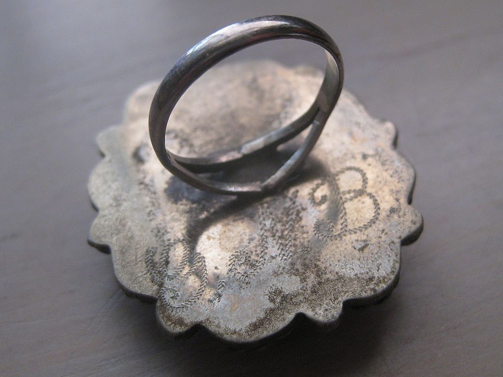 Vintage Ornate Hand Crafted Large Sterling Silver & Turquoise Ring Vintage Ornate Hand Crafted Large Sterling Silver & Turquoise Ring