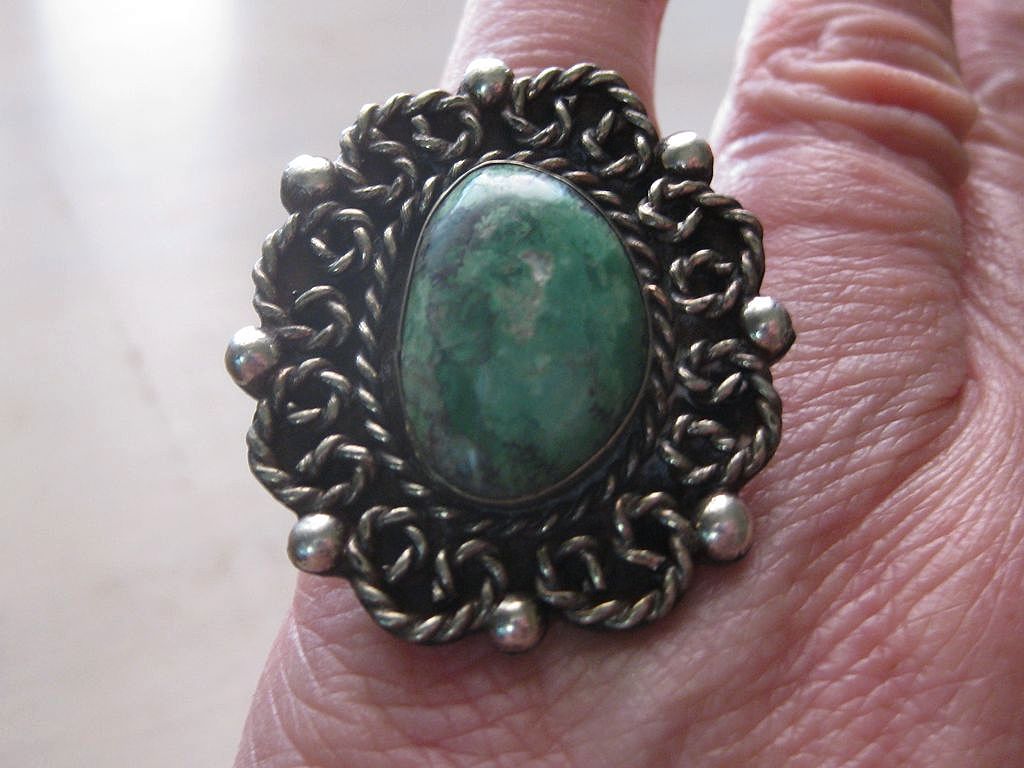Vintage Ornate Hand Crafted Large Sterling Silver & Turquoise Ring Vintage Ornate Hand Crafted Large Sterling Silver & Turquoise Ring