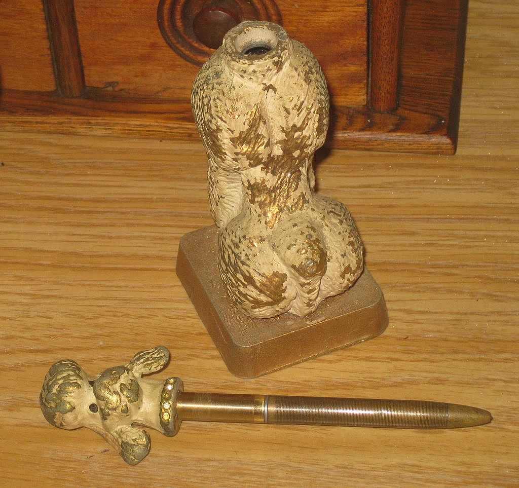 Vintage "Just in Case" Figural Cast Metal Poodle Dog Pen Holder & Pen Vintage "Just in Case" Figural Cast Metal Poodle Dog Pen Holder & Pen