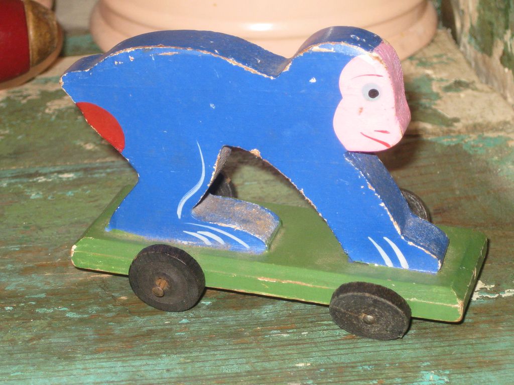 Adorable Hand Painted Wooden Monkey on Wheels Toy Made in Japan Adorable Hand Painted Wooden Monkey on Wheels Toy Made in Japan
