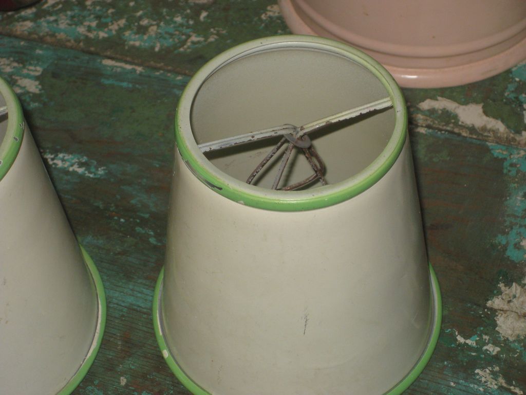 Vintage Set of Metal Lamp Shades Cream & Green Paint Vintage Set of Metal Lamp Shades Cream & Green Paint