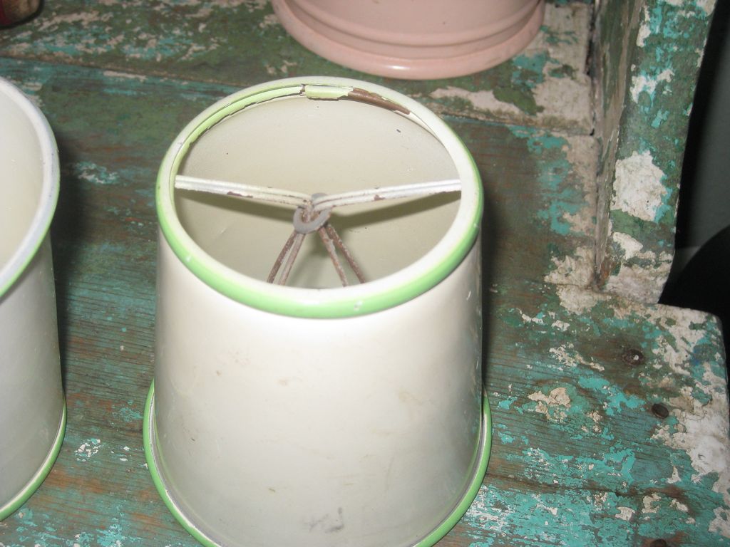 Vintage Set of Metal Lamp Shades Cream & Green Paint Vintage Set of Metal Lamp Shades Cream & Green Paint