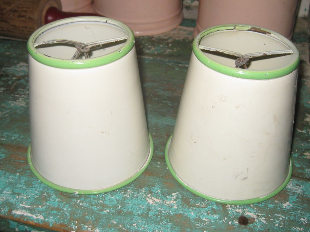 Vintage Set of Metal Lamp Shades Cream & Green Paint Vintage Set of Metal Lamp Shades Cream & Green Paint