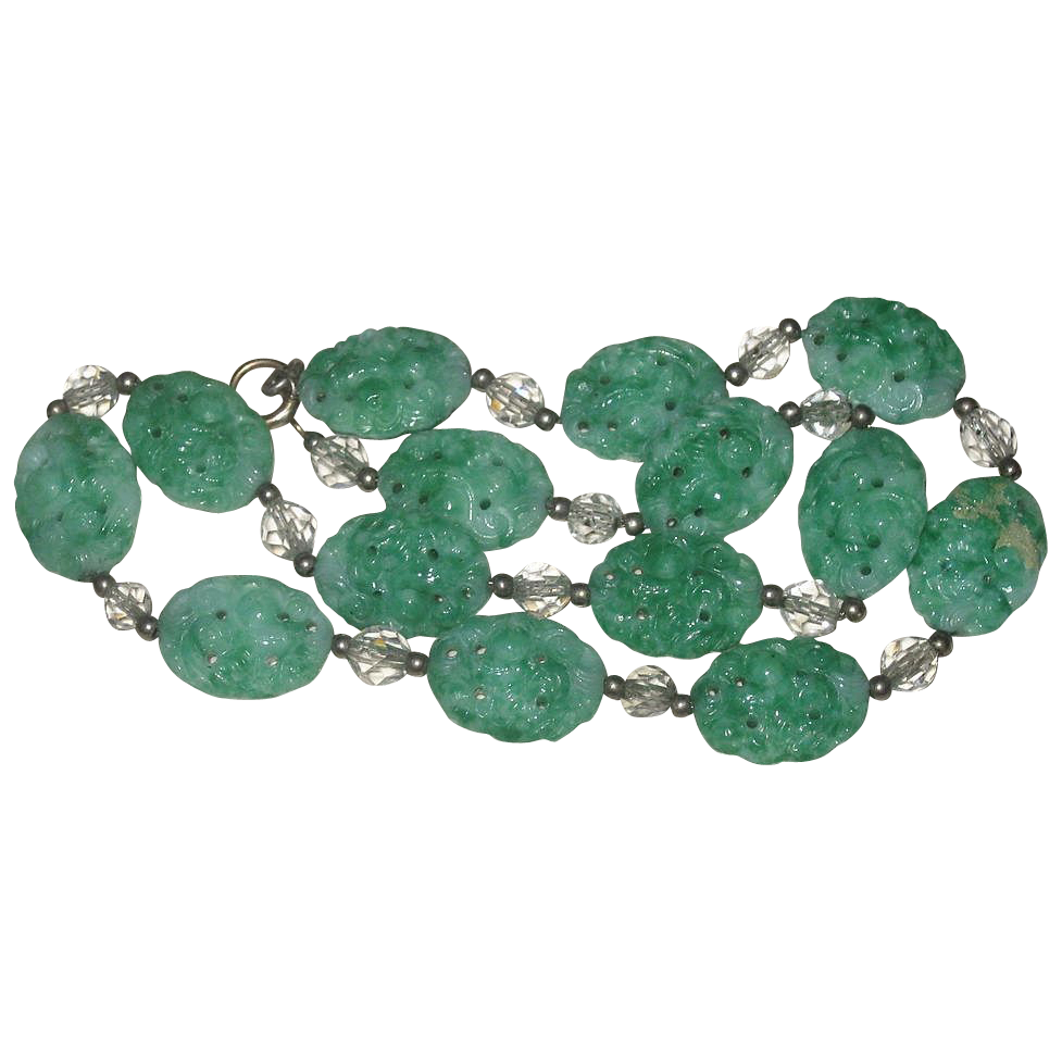 Gorgeous Chinese Asian Style Green Peking Glass & Crystal Necklace Gorgeous Chinese Asian Style Green Peking Glass & Crystal Necklace