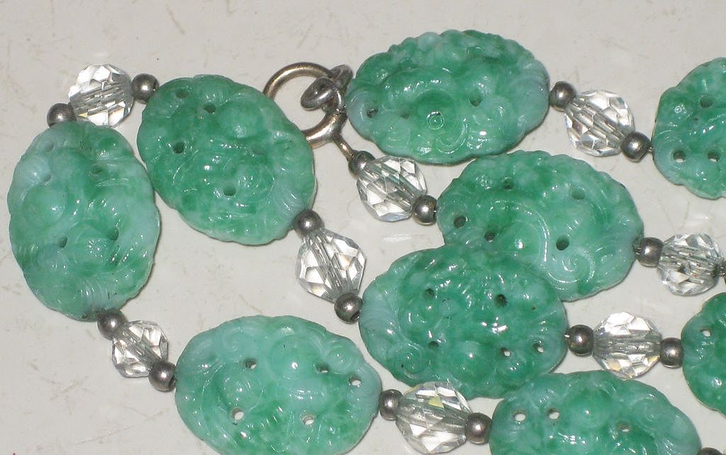 Gorgeous Chinese Asian Style Green Peking Glass & Crystal Necklace Gorgeous Chinese Asian Style Green Peking Glass & Crystal Necklace
