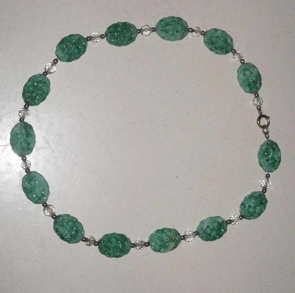 Gorgeous Chinese Asian Style Green Peking Glass & Crystal Necklace Gorgeous Chinese Asian Style Green Peking Glass & Crystal Necklace