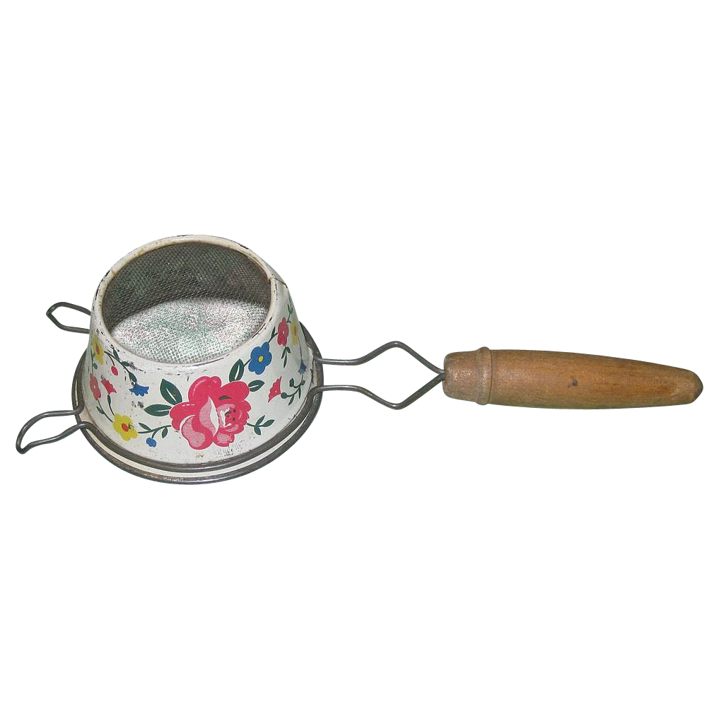 Charming Vintage Enamelware Strainer Red Flowers Wooden Handle Charming Vintage Enamelware Strainer Red Flowers Wooden Handle
