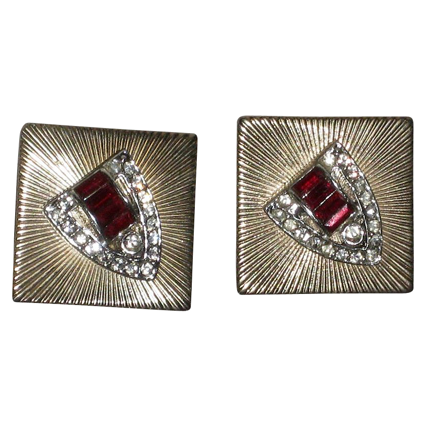 Vintage Coro Gold Tone Earrings, Shield Design Red Stone & Rhinestone Clip Back Vintage Coro Gold Tone Earrings, Shield Design Red Stone & Rhinestone Clip Back