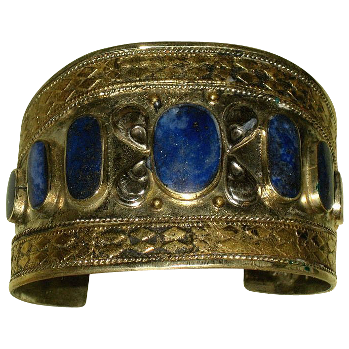 Stunning Vintage Wide Bangle 800 Silver & Lapis Stone Cuff Bracelet with Gilt Accents Stunning Vintage Wide Bangle 800 Silver & Lapis Stone Cuff Bracelet with Gilt Accents