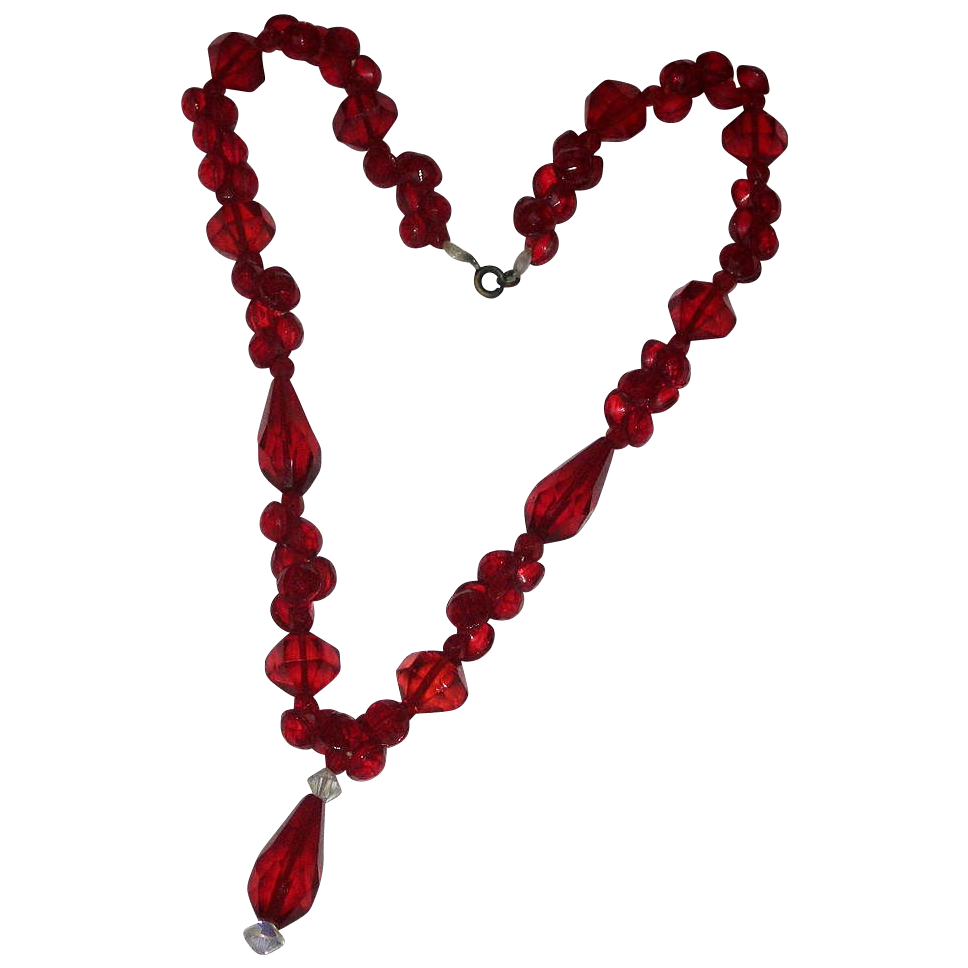 Vivid Cherry Red Glass Faceted Vintage Bead Dangle Necklace Vivid Cherry Red Glass Faceted Vintage Bead Dangle Necklace