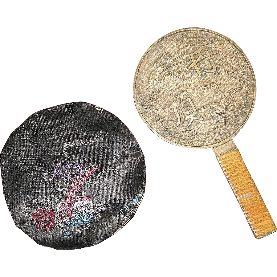 Vintage Japanese Bronze Hand Mirror circa 1800's with Silk Case Vintage Japanese Bronze Hand Mirror circa 1800's with Silk Case