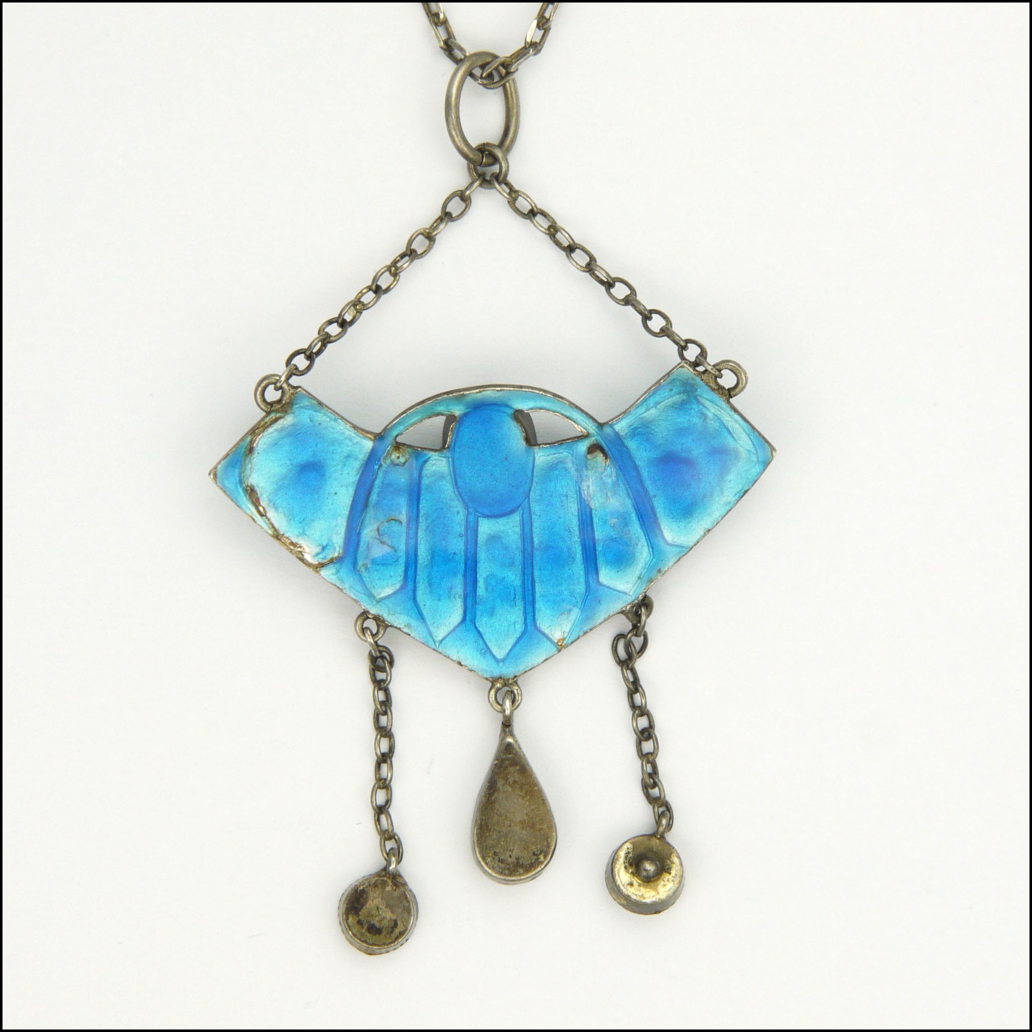 Arts and Crafts Silver Enamel Baroque Pearl Pendant Necklace from