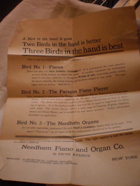 Trade Card from Needham Piano & Organ Company - "Bird in Hand" Trade Card from Needham Piano & Organ Company - "Bird in Hand"